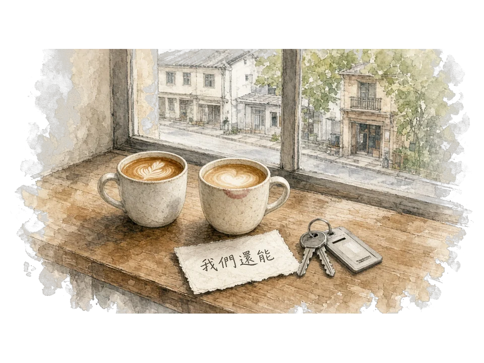 水彩插畫：咖啡店窗邊的空桌，兩杯喝到一半的拿鐵並排，一杯杯緣有淡淡唇印；桌上一張寫到一半的紙條只見「我們還能」，旁邊疊著多餘的鑰匙與門禁卡；窗外是安靜的街