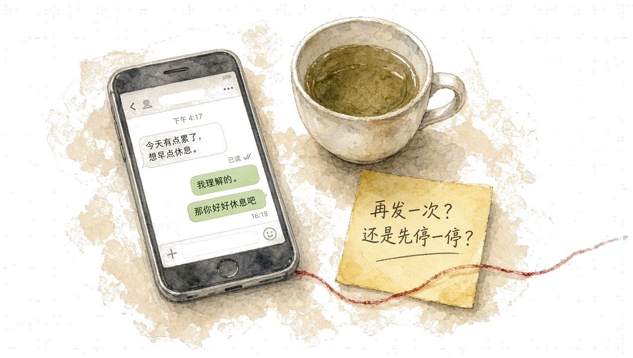 水彩插畫：已讀的手機、涼掉的茶、便利貼與沒打完的紅線